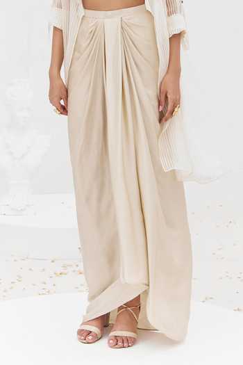 Rimple Agrawal_Ivory Satin Sweetheart Neck Haimavati Draped Skirt Set _Online_at_Aza_Fashions