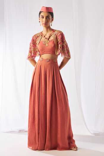 Buy_Rimple Agrawal_Peach Net Halter Neck Floral Cutwork Cape Palazzo Set _at_Aza_Fashions