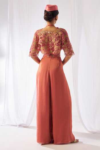 Rimple Agrawal_Peach Net Halter Neck Floral Cutwork Cape Palazzo Set _Online_at_Aza_Fashions