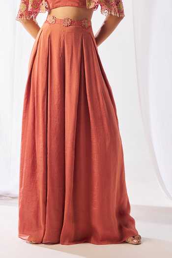 Buy_Rimple Agrawal_Peach Net Halter Neck Floral Cutwork Cape Palazzo Set _Online_at_Aza_Fashions