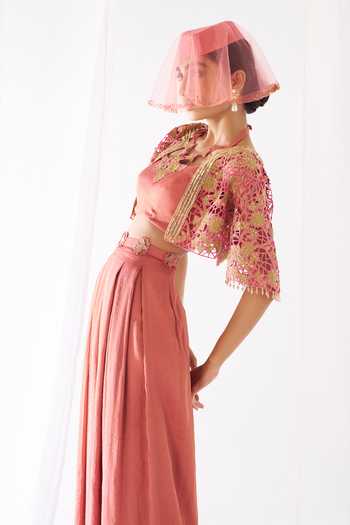 Shop_Rimple Agrawal_Peach Net Halter Neck Floral Cutwork Cape Palazzo Set _Online_at_Aza_Fashions