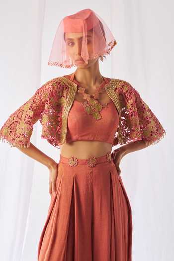 Buy_Rimple Agrawal_Peach Net Halter Neck Floral Cutwork Cape Palazzo Set 