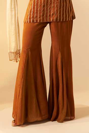Buy_Rimple Agrawal_Brown Organza V-neck Embroidered Striped Tunic And Pant Set _Online_at_Aza_Fashions