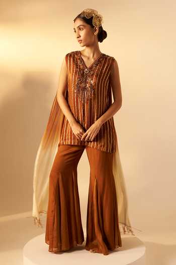 Shop_Rimple Agrawal_Brown Organza V-neck Embroidered Striped Tunic And Pant Set _Online_at_Aza_Fashions