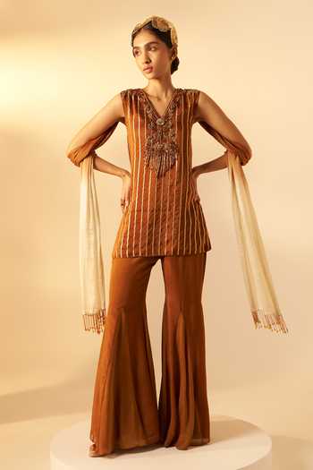 Buy_Rimple Agrawal_Brown Organza V-neck Embroidered Striped Tunic And Pant Set _at_Aza_Fashions