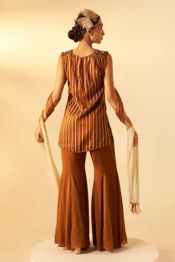 Rimple Agrawal_Brown Organza V-neck Embroidered Striped Tunic And Pant Set _Online_at_Aza_Fashions