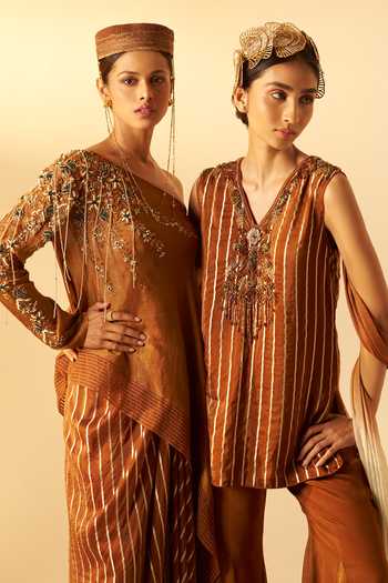 Buy_Rimple Agrawal_Brown Organza V-neck Embroidered Striped Tunic And Pant Set 