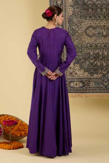 Shop_BAIDEHI_Purple Silk, Organza Round Neck Embroidered Yoke Anarkali And Dupatta Set _at_Aza_Fashions