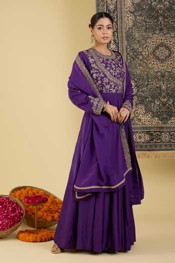 BAIDEHI_Purple Silk, Organza Round Neck Embroidered Yoke Anarkali And Dupatta Set _Online_at_Aza_Fashions