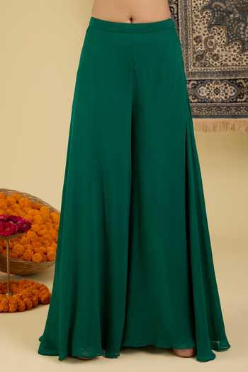 BAIDEHI_Green Silk, Georgette, Chanderi Round Embroidered Straight Kurta Sharara Set  _Online_at_Aza_Fashions