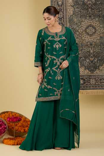 Buy_BAIDEHI_Green Silk, Georgette, Chanderi Round Embroidered Straight Kurta Sharara Set  _at_Aza_Fashions