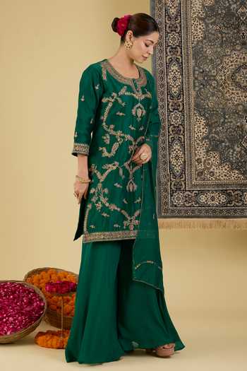 Buy_BAIDEHI_Green Silk, Georgette, Chanderi Round Embroidered Straight Kurta Sharara Set  _Online_at_Aza_Fashions
