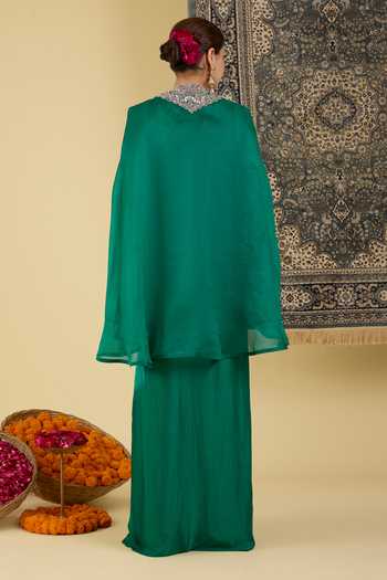 Shop_BAIDEHI_Emerald Green Organza, Satin Round Neck, Scoop Embroidered Yoke Cape Skirt Set _at_Aza_Fashions