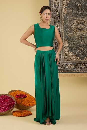 Shop_BAIDEHI_Emerald Green Organza, Satin Round Neck, Scoop Embroidered Yoke Cape Skirt Set _Online_at_Aza_Fashions