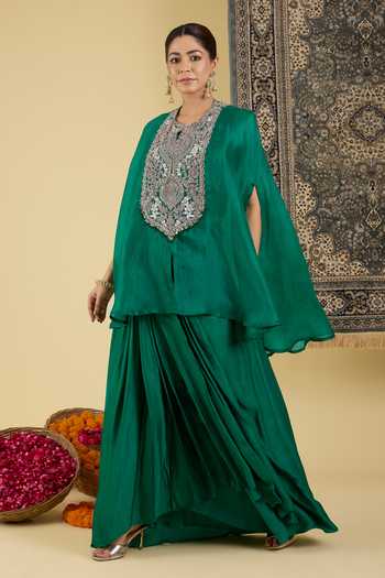 BAIDEHI_Emerald Green Organza, Satin Round Neck, Scoop Embroidered Yoke Cape Skirt Set _at_Aza_Fashions