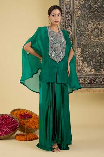 Buy_BAIDEHI_Emerald Green Organza, Satin Round Neck, Scoop Embroidered Yoke Cape Skirt Set _at_Aza_Fashions