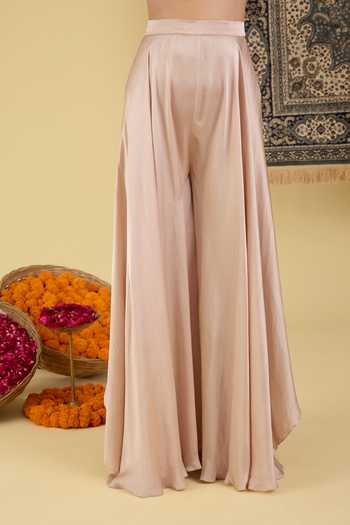 Buy_BAIDEHI_Beige Silk, Crepe Round Neck, Yes Embellished Kurta Sharara Set _Online_at_Aza_Fashions