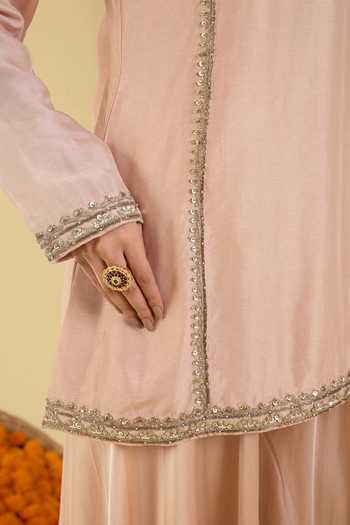 Shop_BAIDEHI_Beige Silk, Crepe Round Neck, Yes Embellished Kurta Sharara Set _Online_at_Aza_Fashions