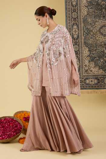 BAIDEHI_Brown Silk, Organza Round Neck Floral Embroidered Cape Palazzo Set _Online_at_Aza_Fashions