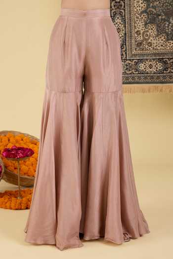 Buy_BAIDEHI_Brown Silk, Organza Round Neck Floral Embroidered Cape Palazzo Set _Online_at_Aza_Fashions