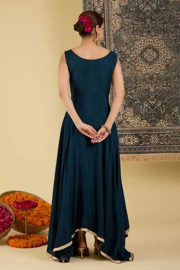 Shop_BAIDEHI_Teal Silk, Georgette Scoop Neck Embroidered Anarkali Set _at_Aza_Fashions