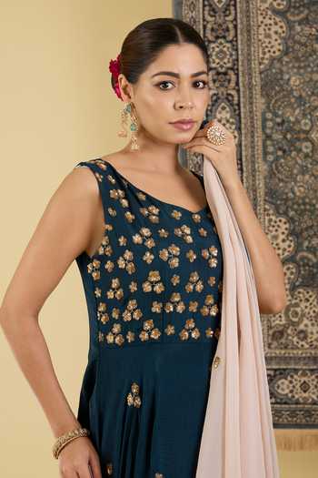 BAIDEHI_Teal Silk, Georgette Scoop Neck Embroidered Anarkali Set _Online_at_Aza_Fashions
