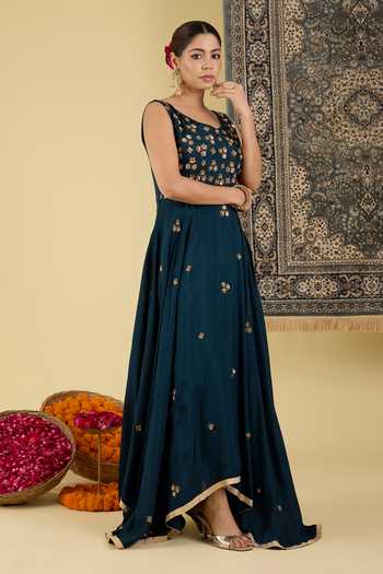 Buy_BAIDEHI_Teal Silk, Georgette Scoop Neck Embroidered Anarkali Set _Online_at_Aza_Fashions