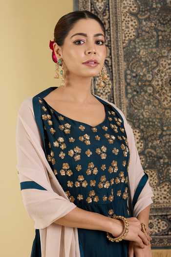Shop_BAIDEHI_Teal Silk, Georgette Scoop Neck Embroidered Anarkali Set _Online_at_Aza_Fashions