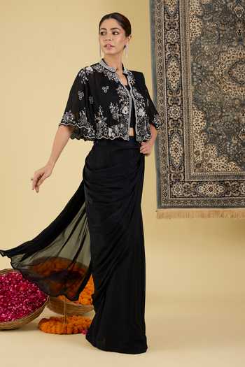 Shop_BAIDEHI_Black Georgette, Chinon Mandarin Sequin Embroidered Cape And Pre-draped Saree Set _Online_at_Aza_Fashions