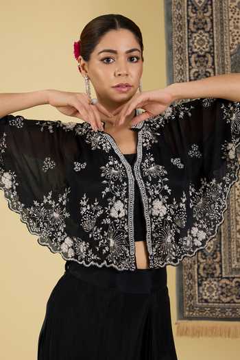 BAIDEHI_Black Georgette, Chinon Mandarin Sequin Embroidered Cape And Pre-draped Saree Set _at_Aza_Fashions