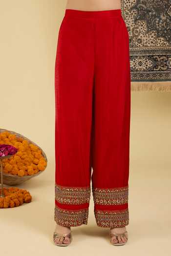 BAIDEHI_Red Silk Round Neck Placed Embroidered Kaftan And Pant Set _Online_at_Aza_Fashions