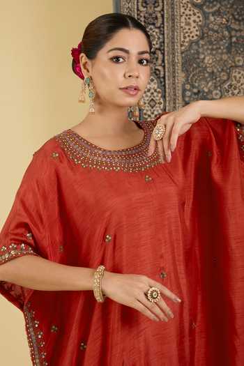 BAIDEHI_Red Silk Round Neck Placed Embroidered Kaftan And Pant Set _at_Aza_Fashions