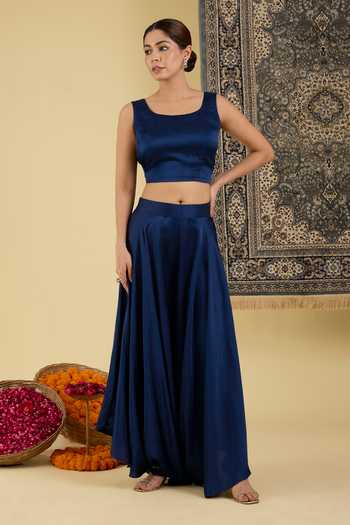 Shop_BAIDEHI_Teal Satin Round , Scoop Placed Embroidered Cape Skirt Set _Online_at_Aza_Fashions