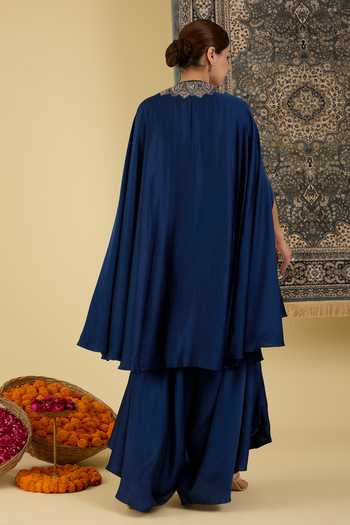 Shop_BAIDEHI_Teal Satin Round , Scoop Placed Embroidered Cape Skirt Set _at_Aza_Fashions