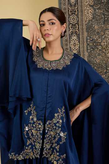 BAIDEHI_Teal Satin Round , Scoop Placed Embroidered Cape Skirt Set _at_Aza_Fashions