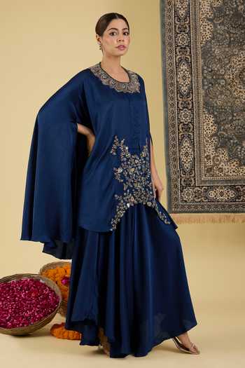 Buy_BAIDEHI_Teal Satin Round , Scoop Placed Embroidered Cape Skirt Set 
