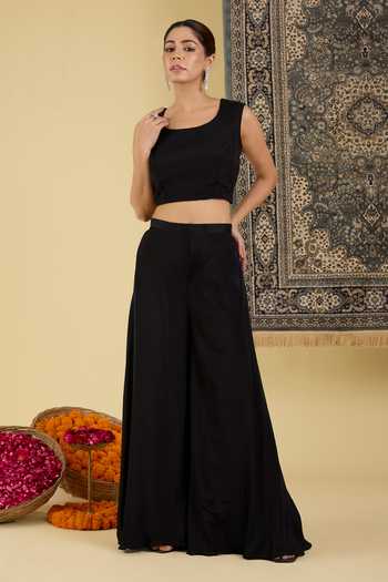 Buy_BAIDEHI_Black Organza, Georgette, Chinon Open Floral Embroidered Jacket And Palazzo Set _Online_at_Aza_Fashions