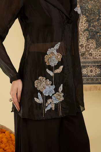 Shop_BAIDEHI_Black Organza, Georgette, Chinon Open Floral Embroidered Jacket And Palazzo Set _Online_at_Aza_Fashions