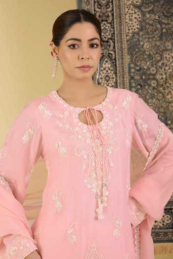 Buy_BAIDEHI_Pink Silk, Organza Keyhole Neck, Yes Floral Embroidered Kurta Set _Online_at_Aza_Fashions