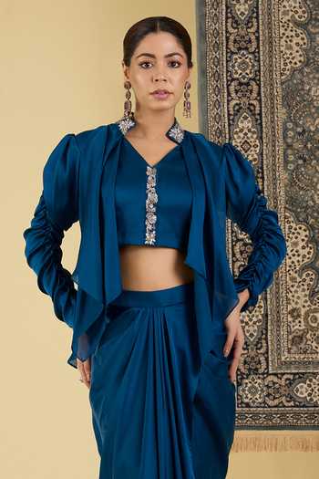 Buy_BAIDEHI_Blue Satin V-neck Draped Skirt And Embellished Top Set _Online_at_Aza_Fashions