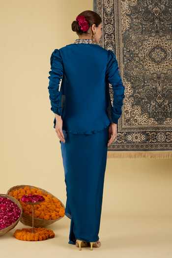 Shop_BAIDEHI_Blue Satin V-neck Draped Skirt And Embellished Top Set _at_Aza_Fashions
