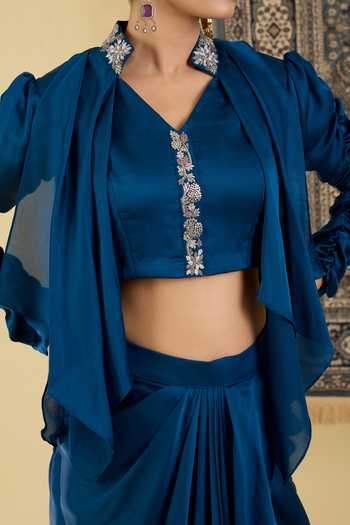 Shop_BAIDEHI_Blue Satin V-neck Draped Skirt And Embellished Top Set _Online_at_Aza_Fashions