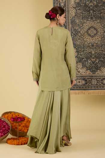 Shop_BAIDEHI_Olive Green Silk, Crepe Round Neck Placed Embellished Kurta Set _at_Aza_Fashions