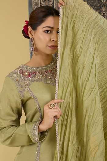 BAIDEHI_Olive Green Silk, Crepe Round Neck Placed Embellished Kurta Set _at_Aza_Fashions