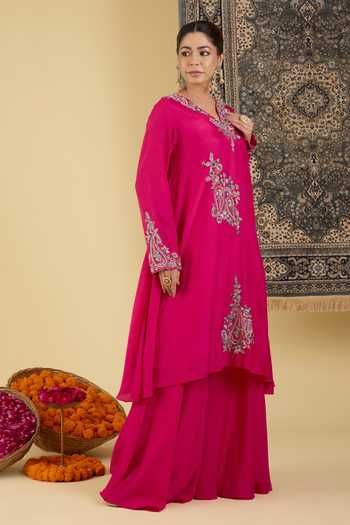 Shop_BAIDEHI_Pink Silk, Organza V-neck, Yes Floral Embroidered Kurta And Sharara Set _Online_at_Aza_Fashions