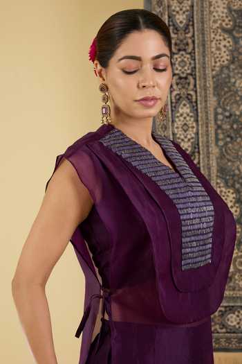 Buy_BAIDEHI_Wine Organza, Georgette, Chinon V-neck Sequin Embroidered Cape Palazzo Set _Online_at_Aza_Fashions