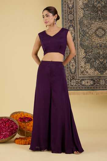 BAIDEHI_Wine Organza, Georgette, Chinon V-neck Sequin Embroidered Cape Palazzo Set _at_Aza_Fashions