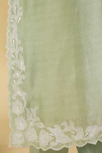 BAIDEHI_Green Chanderi V-neck, Yes Embroidered Dupatta And Kurta Set _at_Aza_Fashions