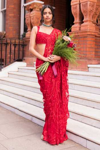 Shop_Seema Gujral_Red Net Sweetheart Neck Dori Embroidered Saree With Blouse _Online_at_Aza_Fashions