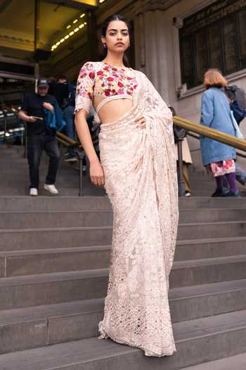 Buy_Seema Gujral_Beige Net High Neck Saree With Thread Work Embroidered Blouse _Online_at_Aza_Fashions